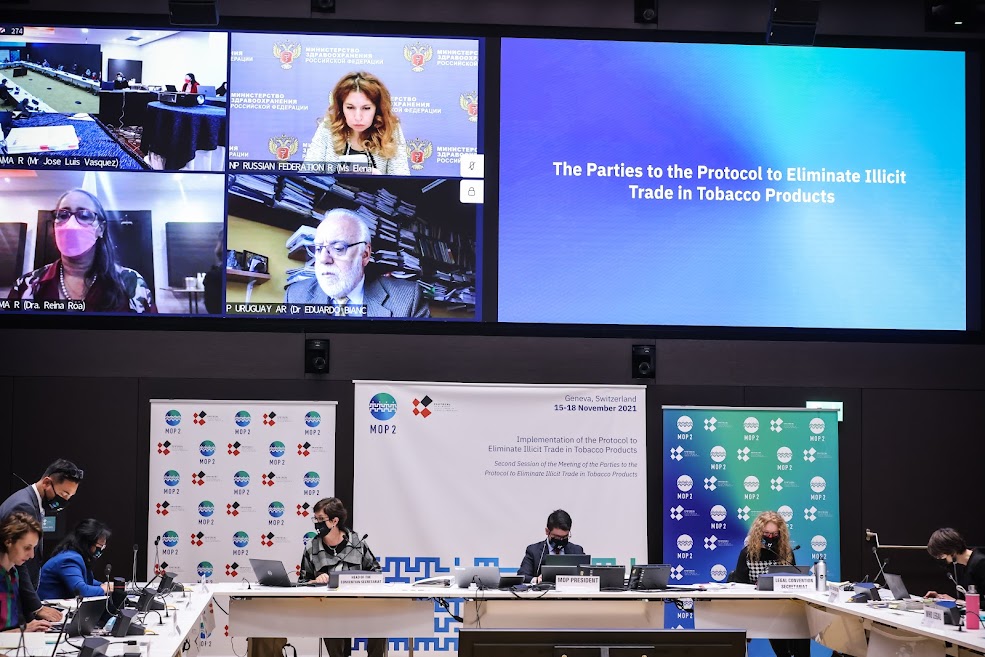 Photo of the opening ceremony for the second meeting of the Protocol to Eliminate Illicit Trade in Tobacco Products (MOP2) at WHO headquarters in Geneva.