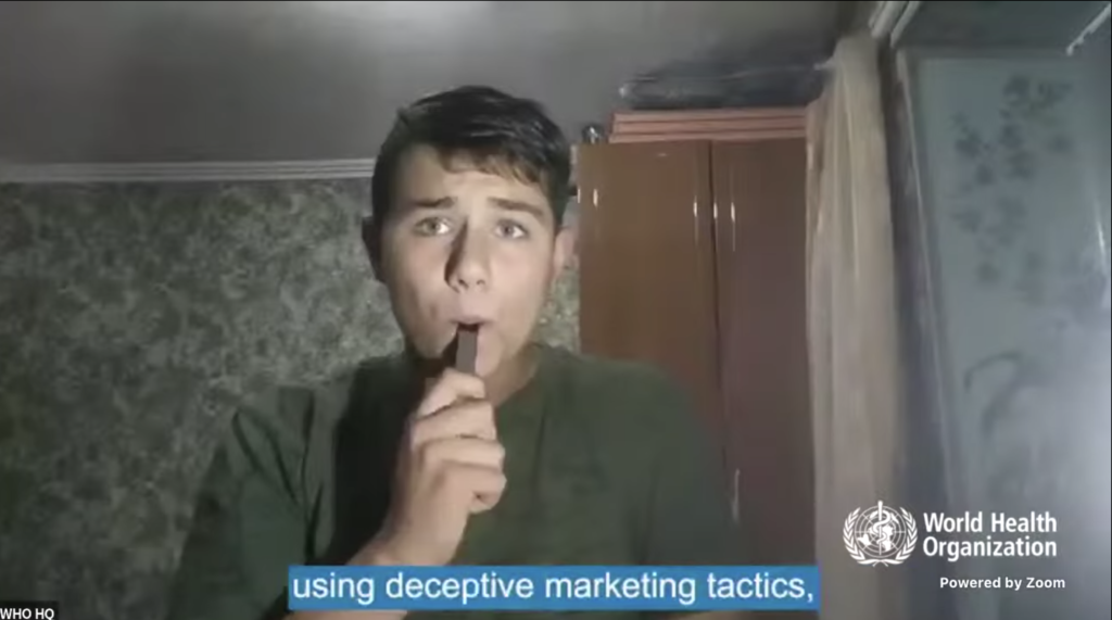 Image of vaping teen. The tobacco industry is using deceptive advertising to promote its products, according to WHO.