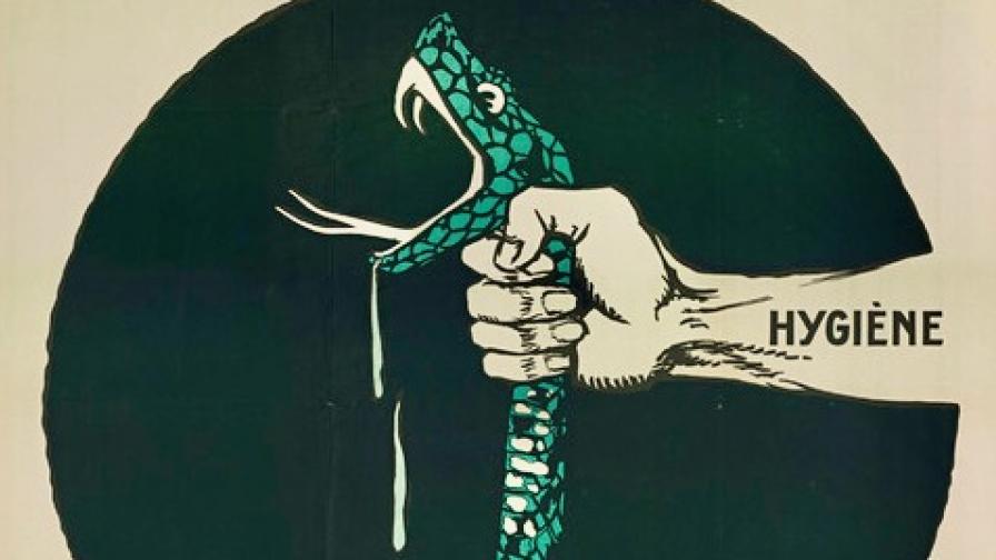 Poster of TB as a snake being crushed by hygiene